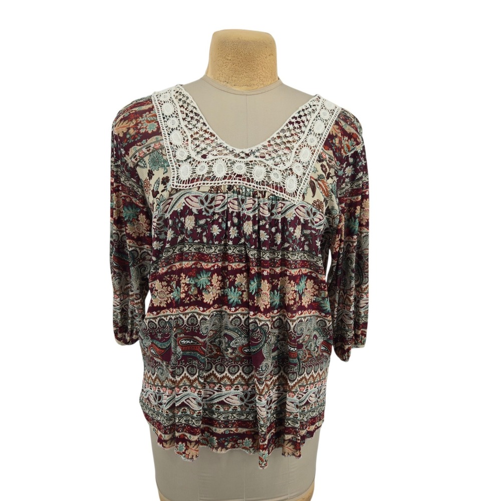 Unity World Wear Top Women XL Paisley Floral Lace Yoke Mesh Boho Peasant Casual
